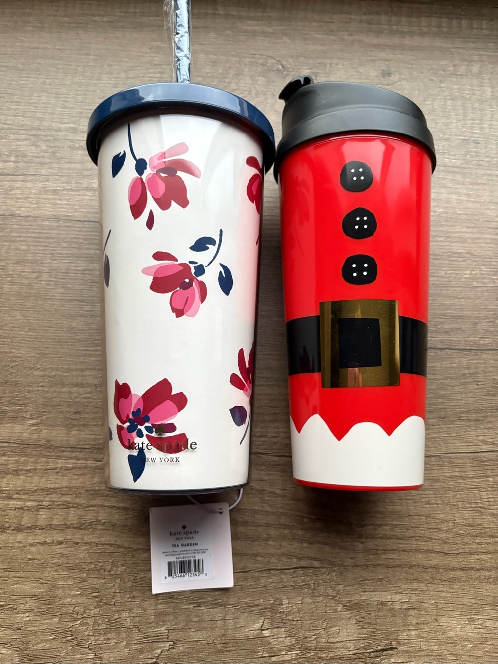NEW katespade white travel tumbler with pink & navy floral print. Santa tumbler